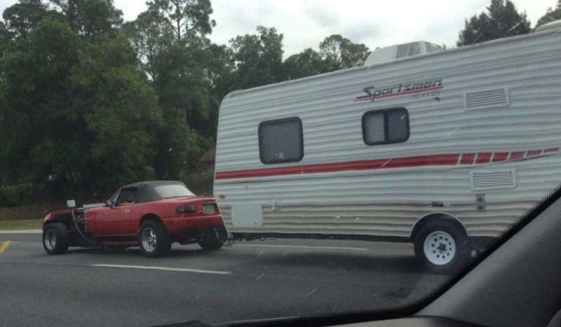 Illustration for article titled Here Is A V16 Miata Pulling A Mobile Home
